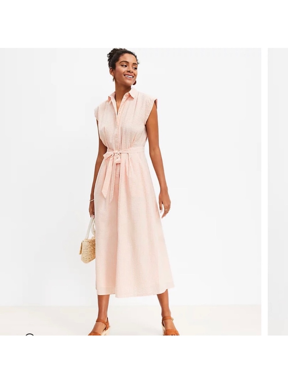 Loft Seersucker Button Front Midi Shirt Dress Size 2